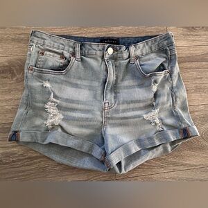 Women Aeropostale High Rise Curvy Midi Light Wash Blue Jean Distressed Shorts 14